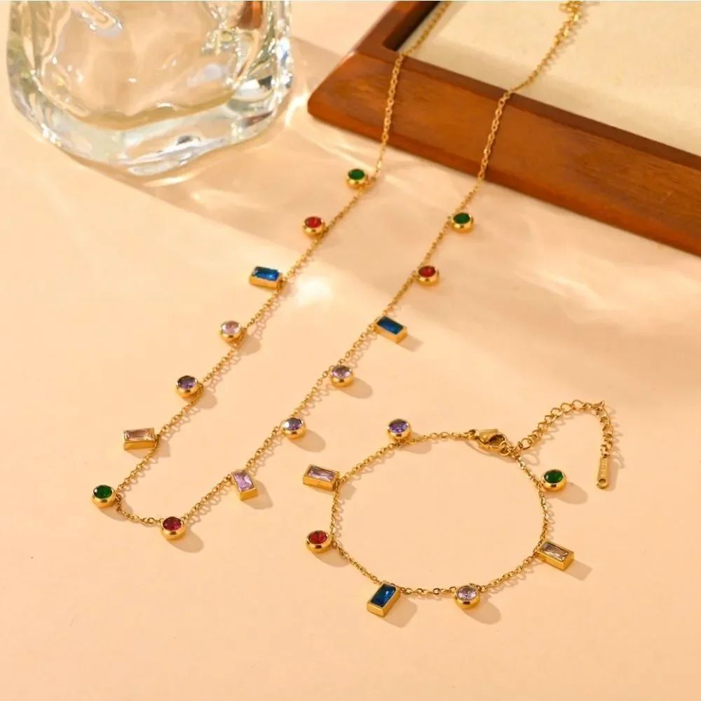 18K Gold Plated Stainless Steel Multi Color Crystal Necklace & Bracelet Set